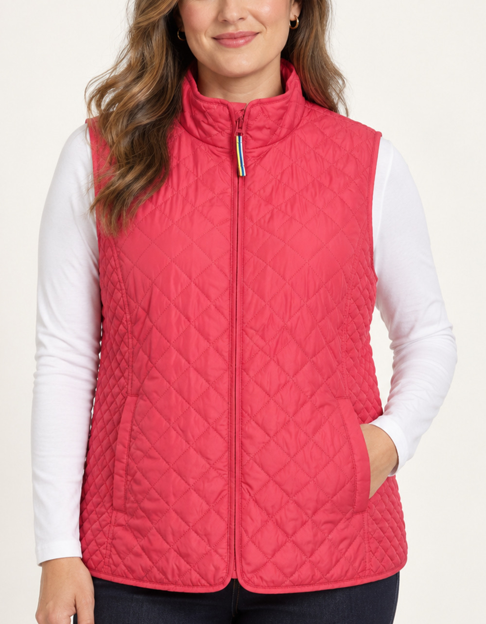 Talbots XL Hot Pink Diamond Quilted Vest Full Zip Mock Neck Lightweight Preppy